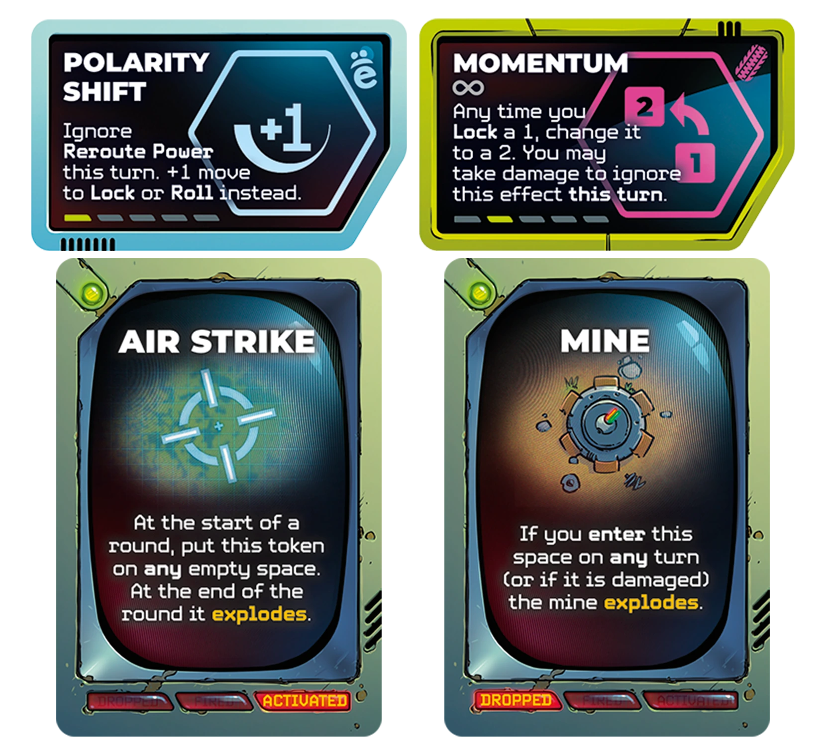 A selection of item and ability tokens, showing the Air Strike, Mine, Polarity Shift and Momentum. There are up to two sentences on the cards, and on the cards, keywords are boldened. On items the keywords are also in yellow.