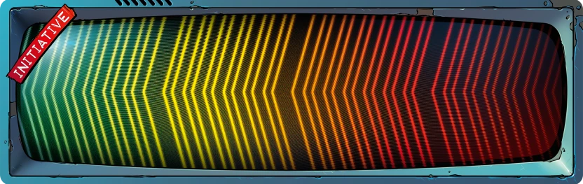 The initiative track, drawn as a digital display with chevrons going from red to yellow to green.