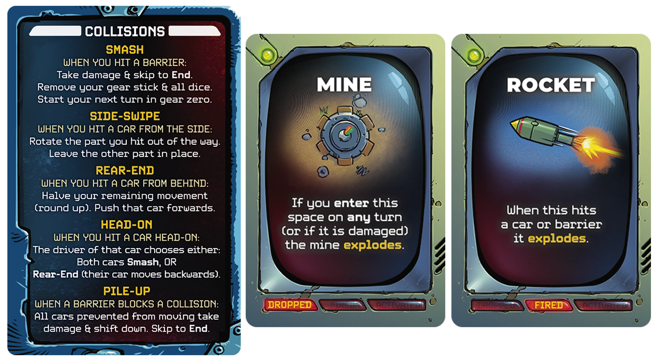 The collisions side of the reference card and two item cards; mine and rocket. The language on the cards describes explosions, damage to cards and collisions like Smash, Side-Swipe, Rear-End, Head-On and Pile-Up.