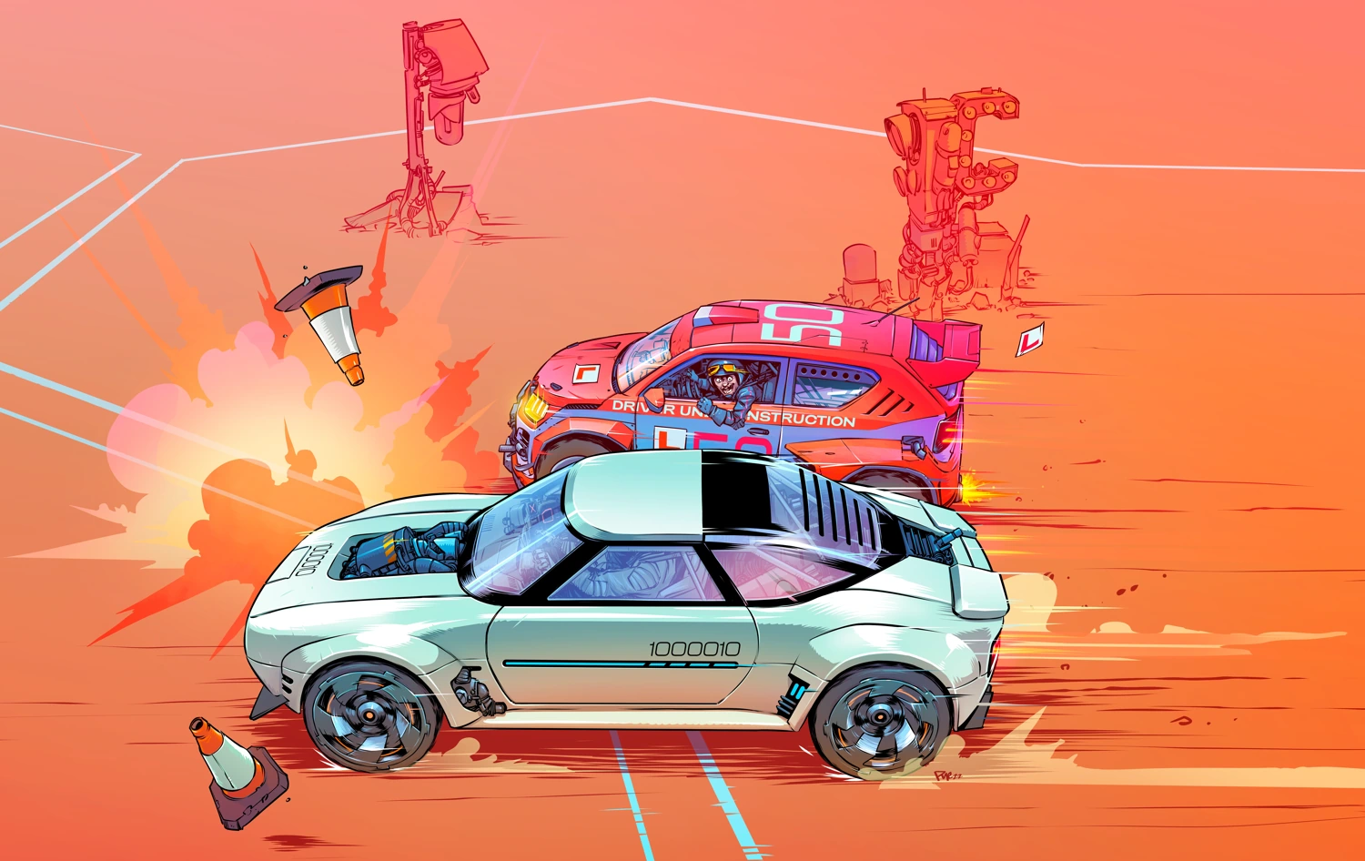 Artwork of two cars racing side by side. The car in front is a bright pearly white and is crashing into traffic cones. The car further back is a pink car with Learner L's on it, and a driver leans out the window grinning at the white car.