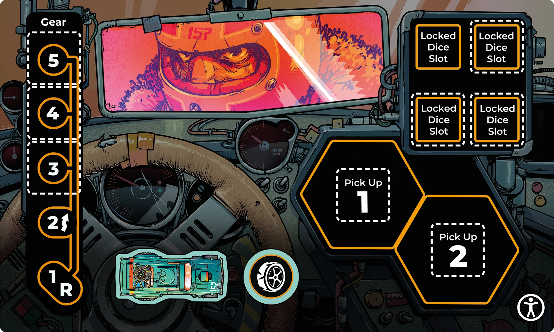 A high contrast side of the muscle car dashboard. The artwork has been darkened, and solid black is behind all text and icons. The text has been made bigger with a clearer font and in white, and this side also includes a reference to the car and initiative token for that car.