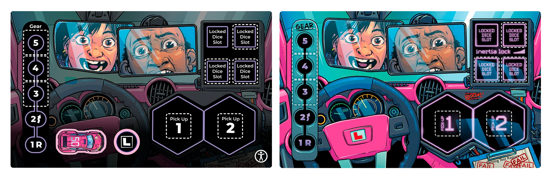 A side-by-side of the high contrast and standard sides of the Learner car dashboard. On the high contrast side the artwork has been darkened, and solid black is behind all text and icons. The text has been made bigger with a clearer font and in white, and this also includes a reference to the car and initiative token for that car.