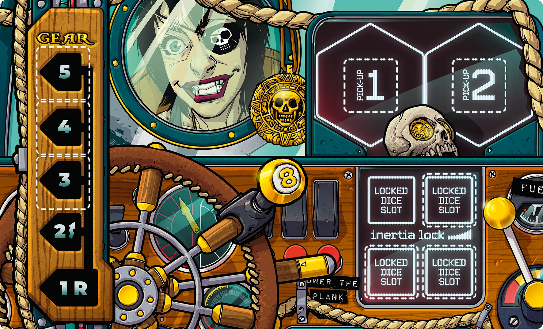 The standard version of the  pirate dashboard. The artwork is bright and colourful, fonts are distressed with a digital texture and are in a digital style font. The car dashboard art features a lot of wood, rope, pirate coins and a skull. The driver smiles in the rearview mirror wearing an eyepatch.