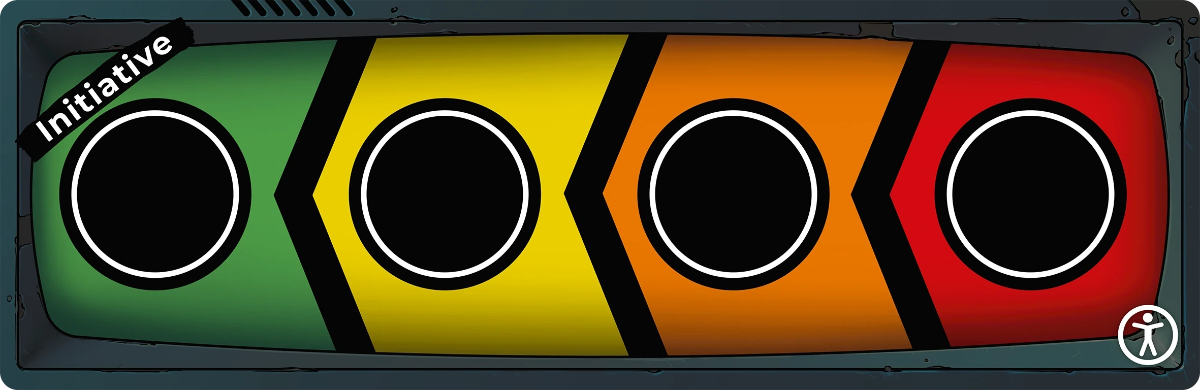 The high contrast side of the initiative track, showing four large chevrons; red, orange, yellow and green, and large black circles for the initiative tokens to be placed
