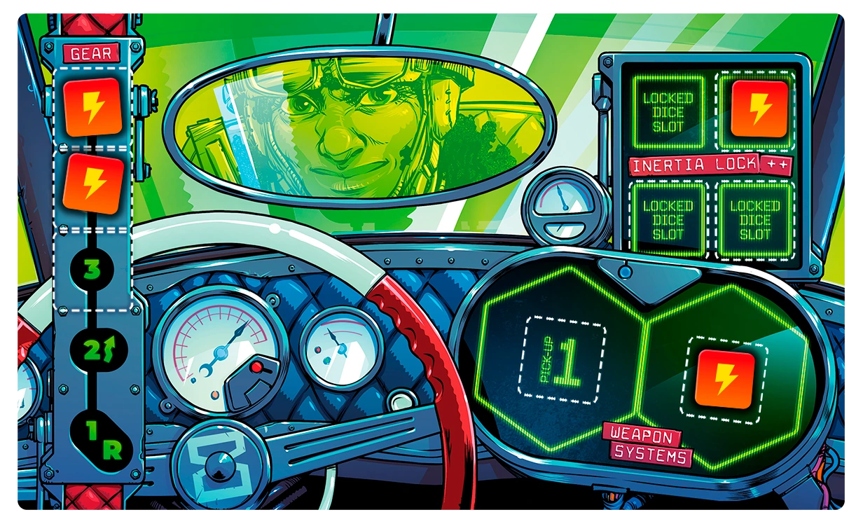 A player dashboard with damage tokens applied on the gears, locked dice slots and item slots. These tokens lock off areas of the board.