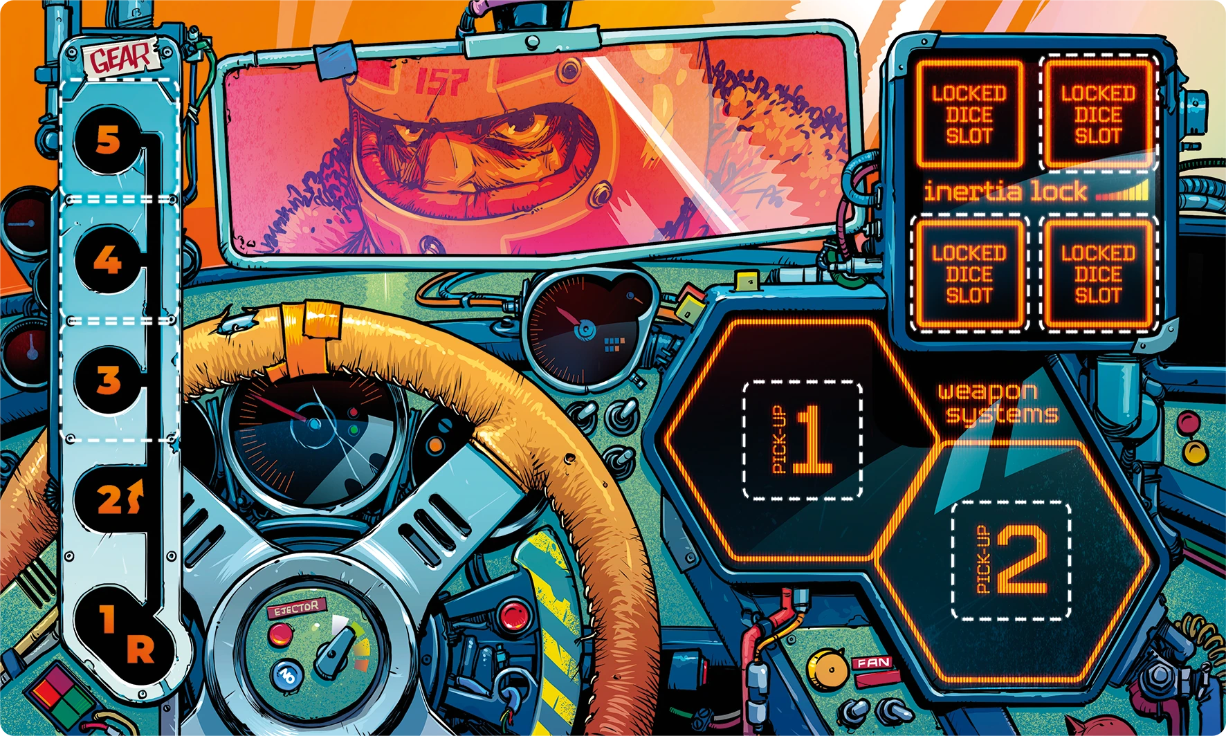 The standard version of the muscle car dashboard. The artwork is bright and colourful, fonts are distressed with a digital texture and are in a digital style font. Some damage slots like that on the gears is slightly harder to see as it is on a light blue section of the dashboard. The artwork shows many buttons and switches and dials, and the driver in the rearview wears a helmet with 157 on it.