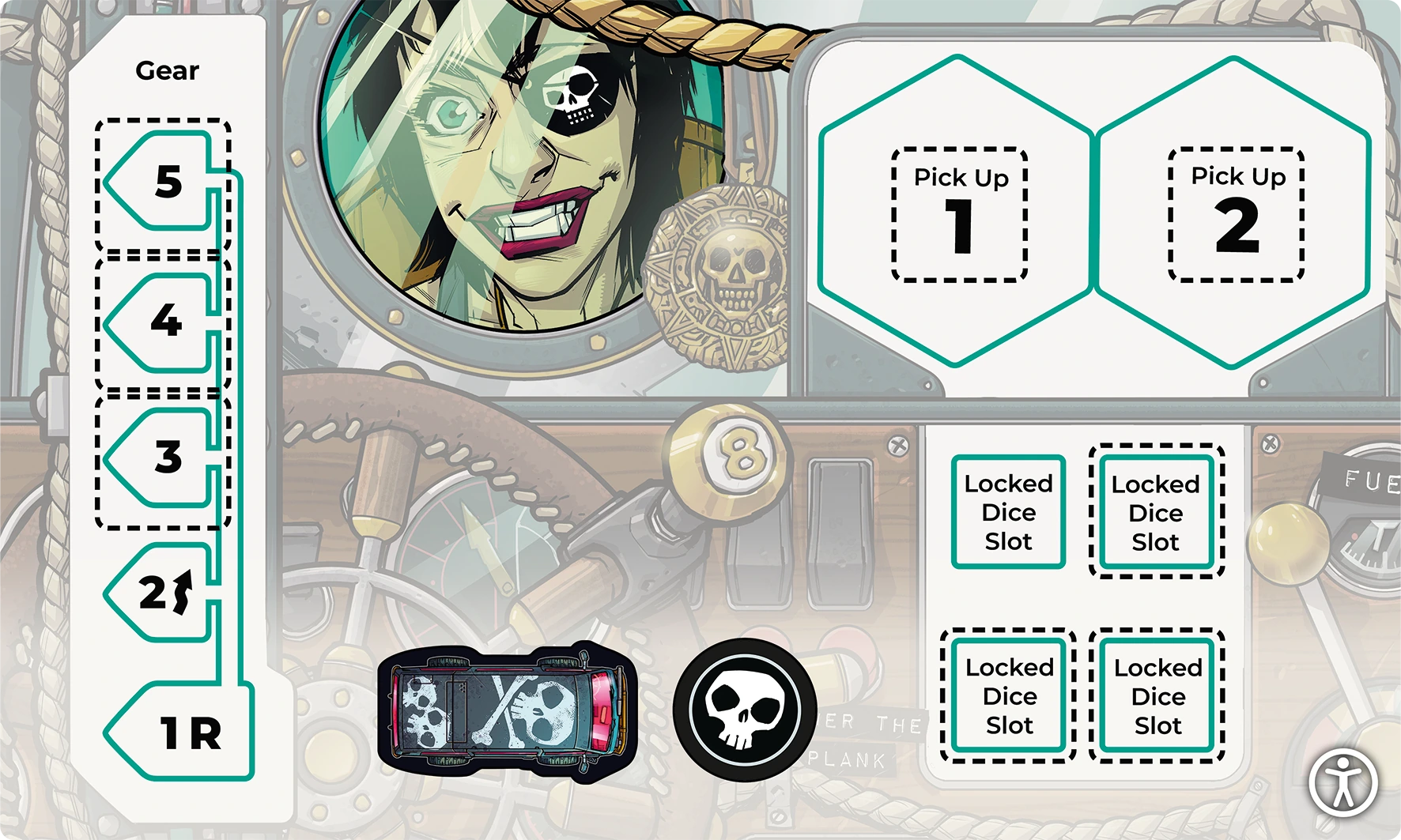 A high contrast side of the pirate dashboard. The artwork has been lightened, and solid white is behind all text and icons. The text has been made bigger with a clearer font and in black, and this side also includes a reference to the car and initiative token for that car.