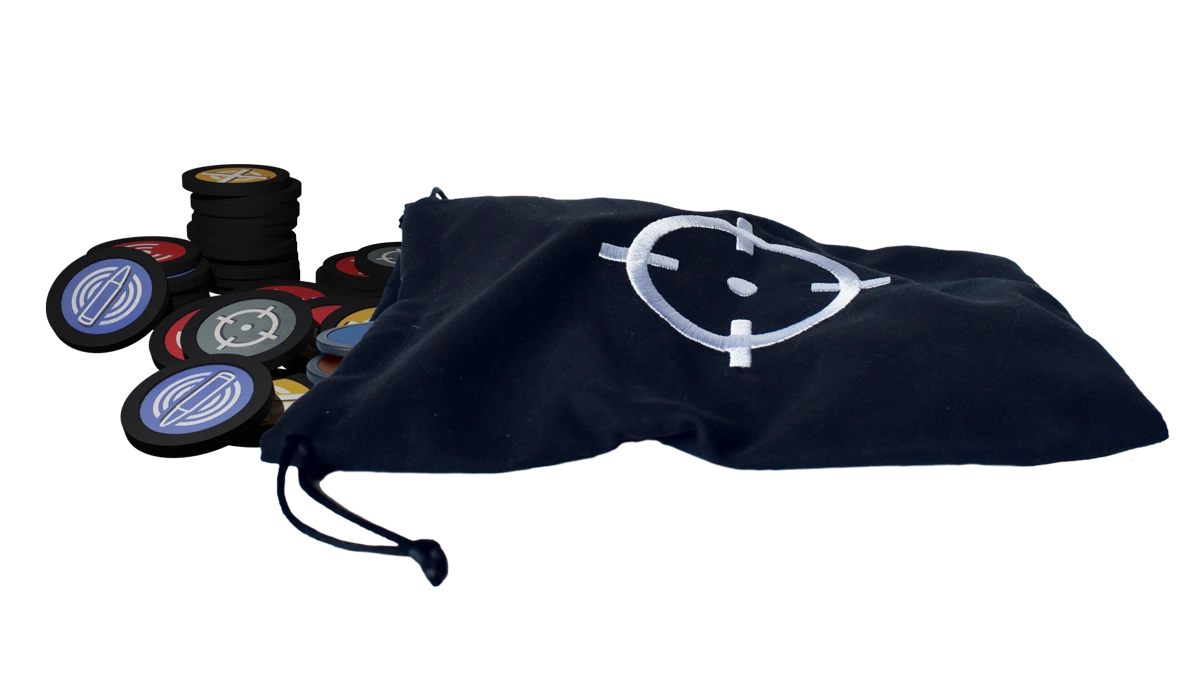 	
Image of the cloth shot bag and shot tokens with different colours and icons on them.
