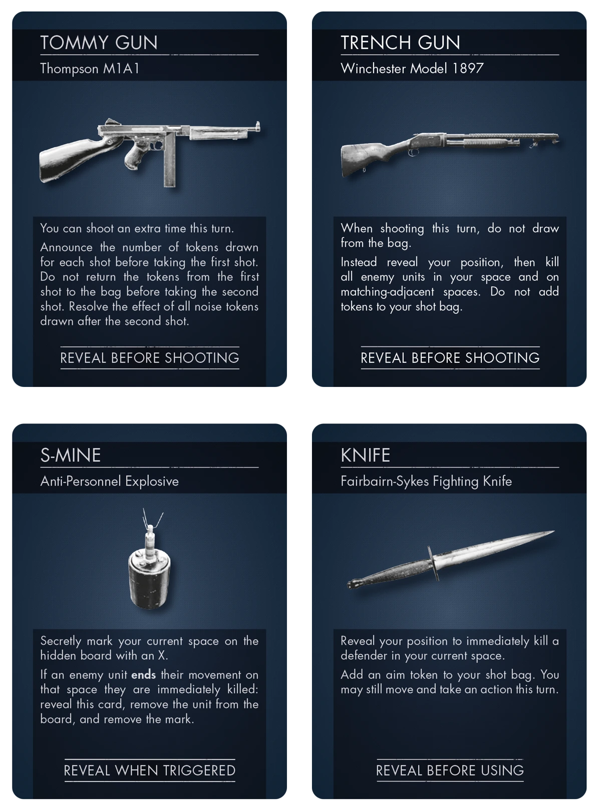 Item cards with weapons from the game. Each card features a realistic greyscale image of the weapon, a title, description paragraph and usage condition.