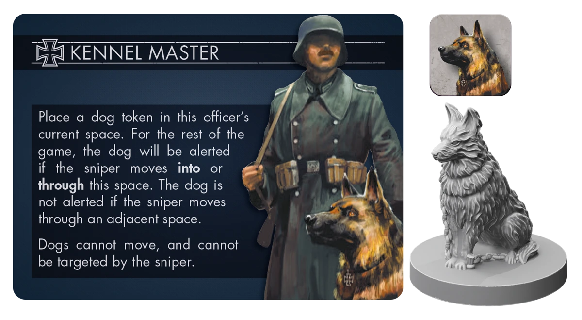 Card for the kennel master defender, with the punchboard token for the dog to the right, and a render of the dog miniature.