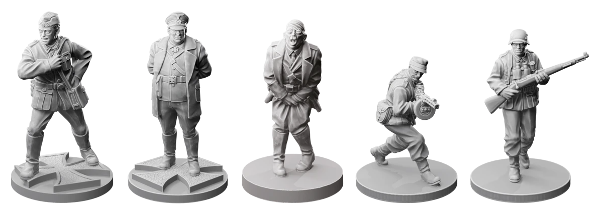 A selection of deluxe edition miniatures, in the center is a miniature of a defender commander holding their groin with a pained expression on their face.