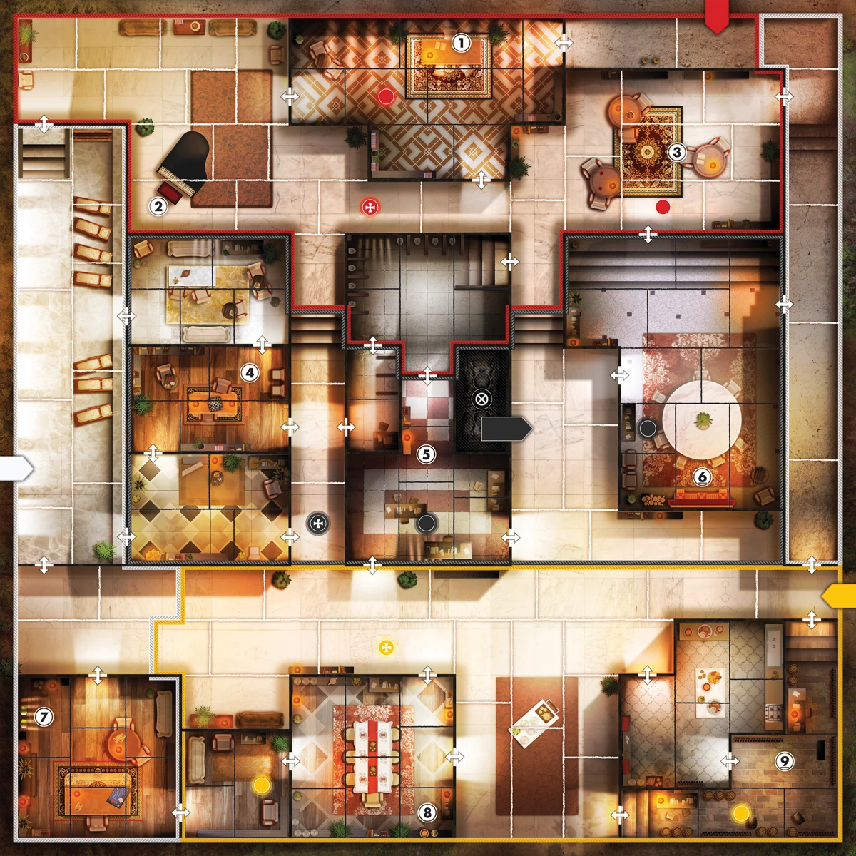 Image of one of the game boards, showing a house map. There are five sections of the board with different coloured borders; red, yellow, black and two smaller white sections. In these sections are large, high-contrast numbers which denote objective locations. Coloured circles show the starting placement of defenders, with commander locations containing a cross icon. Arrows along the board edges show entry points for the sniper, and special spaces are shown through icons like an X or exclamation point, and shading. Thick black borders show walls and double-sided white arrows show doorways.