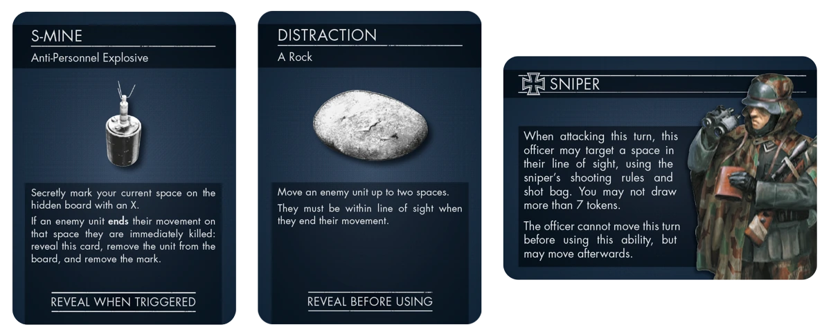 Examples of sniper items, like the S-Mine and Distraction, and a card for the defenders which shows a sniper specialism. The text is fine, but high contrast, and uses a clear sans-serif font. There are several lines of text which describe the usage of the item.