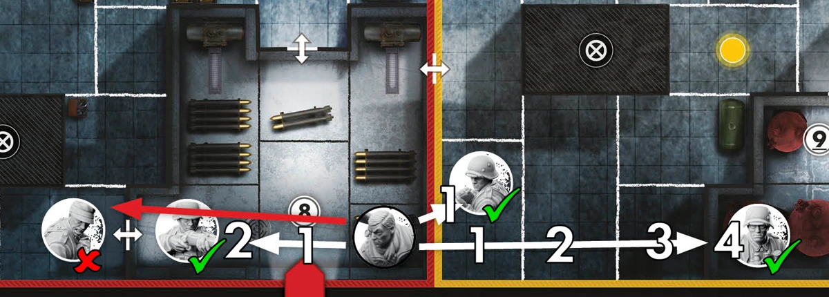 A close-up of the game board showing an example of counting spaces and line of sight. Arrows between the sniper and defenders illustrate how many spaces away targets are.