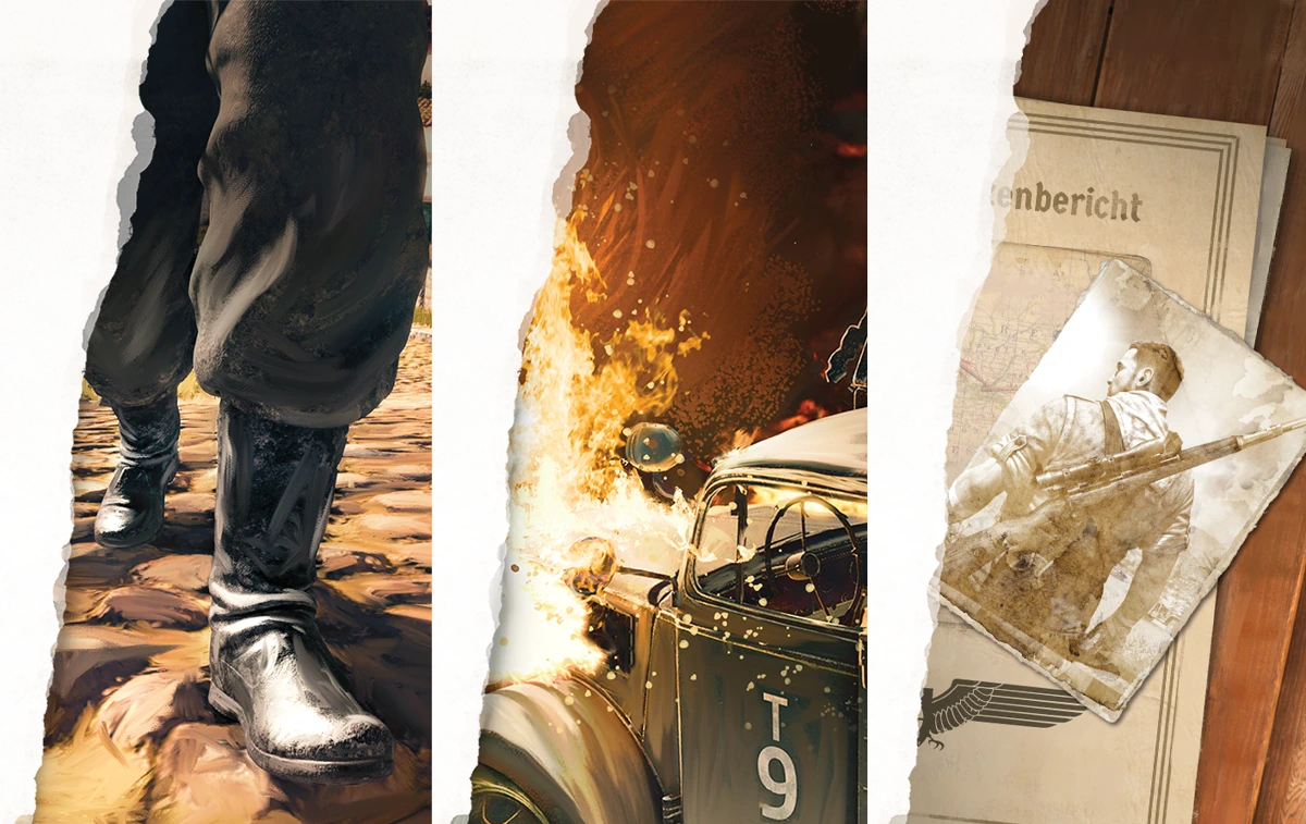 Artwork for Sniper Elite The Board Game feature realistic, gritty depictions of weapons, fire, explosions.