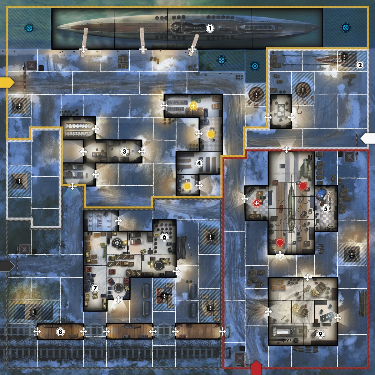 Image of one of the game boards, showing the docks map. There are five sections of the board with different coloured borders; red, yellow, black and two smaller white sections. In these sections are large, high-contrast numbers which denote objective locations. Coloured circles show the starting placement of defenders, with commander locations containing a cross icon. Arrows along the board edges show entry points for the sniper, and special spaces are shown through icons like an X or exclamation point, and shading. Thick black borders show walls and double-sided white arrows show doorways.