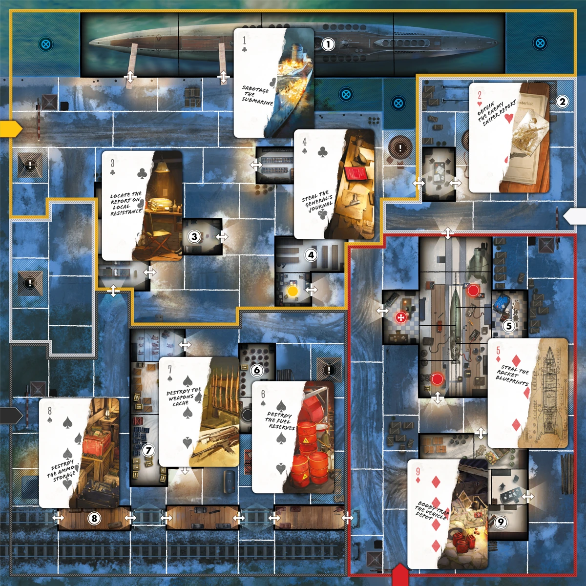 The map for the docks with the objective cards overlaid next to their respective locations on the board. The objective cards are in the style of playing cards and the number and suit correspond to their location, for example the yellow section are all club cards.