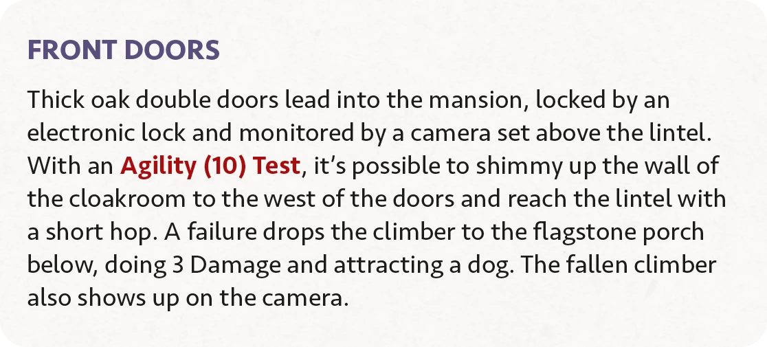 Excerpt from one of the adventure booklets, showing a passage of text. Headings are clearly identified through larger font, boldness and colour. The body text has a skill check in it which is also highlighted through boldness and colour.