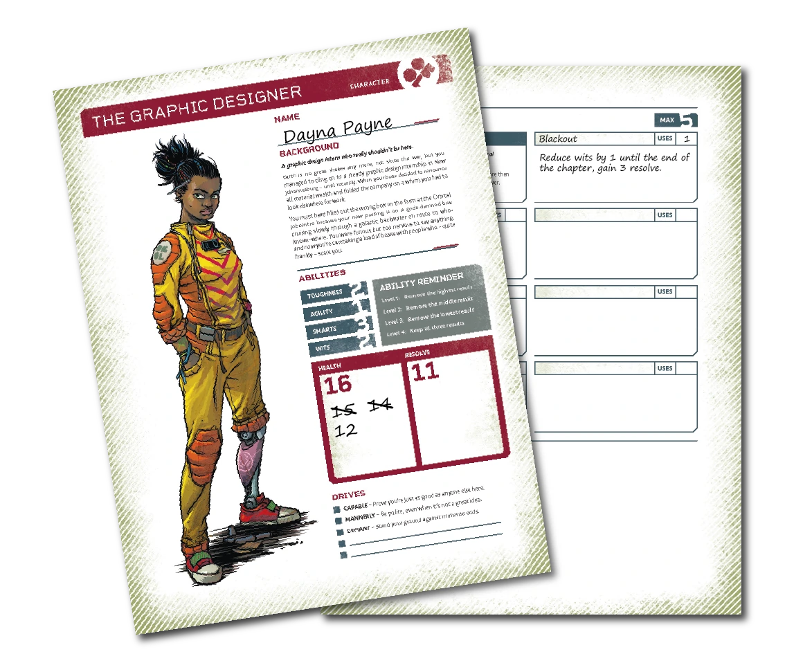 A character sheet from Tartarus Gate showing The Graphic Designer character. The character sheet is double-sided and some writing is shown on the front for the character name, Dayna Payne, and for keeping track of health where numbers are scored out and rewritten. On the back is gear and one of these boxes has been written in to show an item the player has found, including the name of the item, uses and some short detail on how it works.