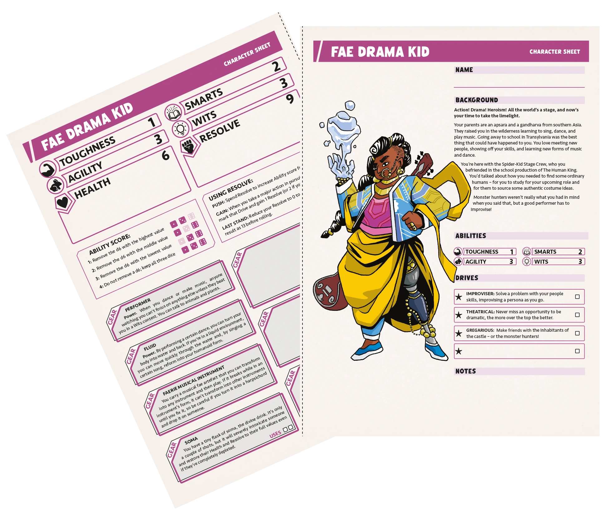 Character sheet from Children of the Night, showing the Fae Drama Kid. The character sheet has two sides, showing character art and background on one side as well as reference to player stats. On the back sheet are stats again, a short guide to rolling checks, and gear for the character. The sheet uses bright pink decor and the fae drama kid art shows a character with dark skin and hair in a colourful outfit with a prosthetic leg adorned with gold jewelry. They have a string instrument on their back and are manipulating a blob of ice-like magic with one hand.