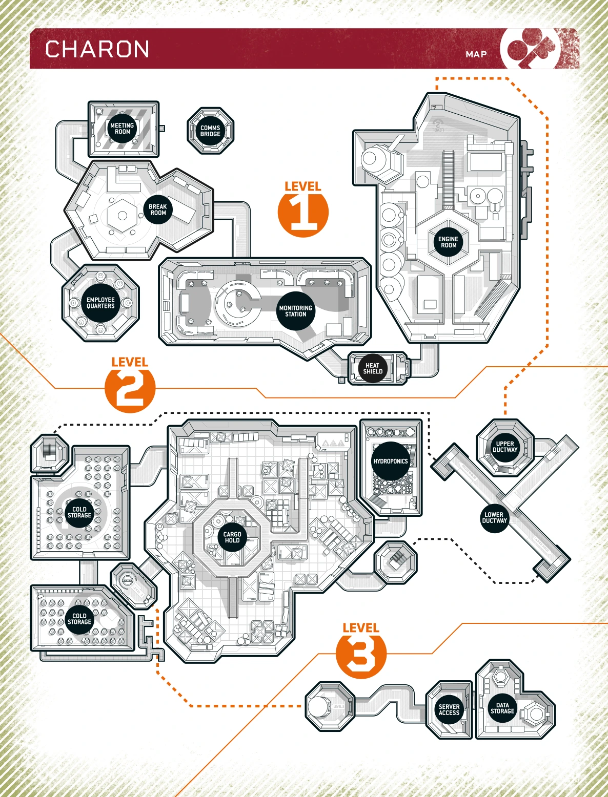 A map handout from Tartarus Gate showing the title 'Charon'. The map is split into 3 sections, denoting levels, with blocky rooms and corridors in greyscale. Dotted lines connect the routes between levels, and each room is labelled with white text on a black circle.