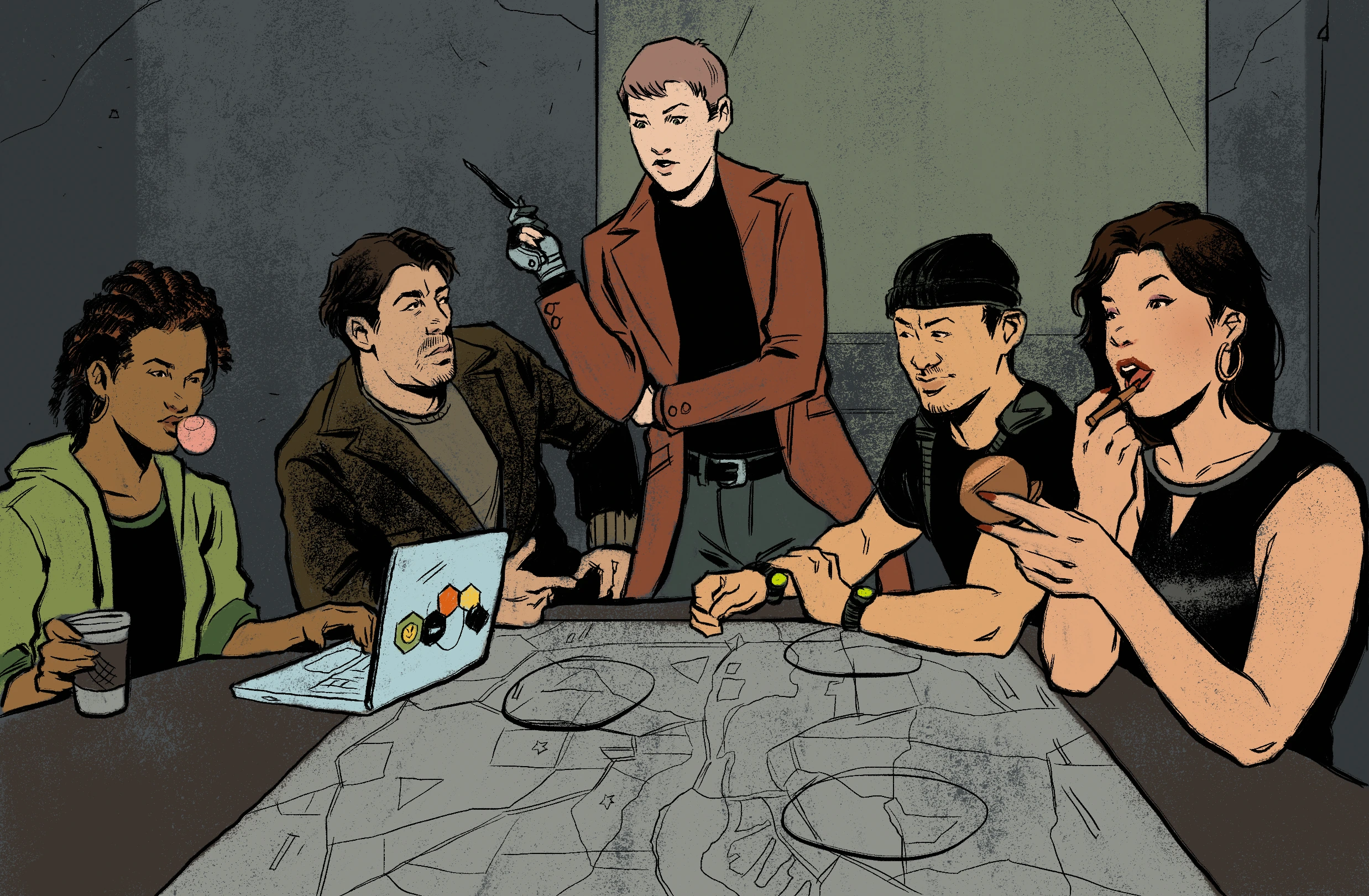 Art of a group of five people around a table, discussing with each other, and with a map in the middle.