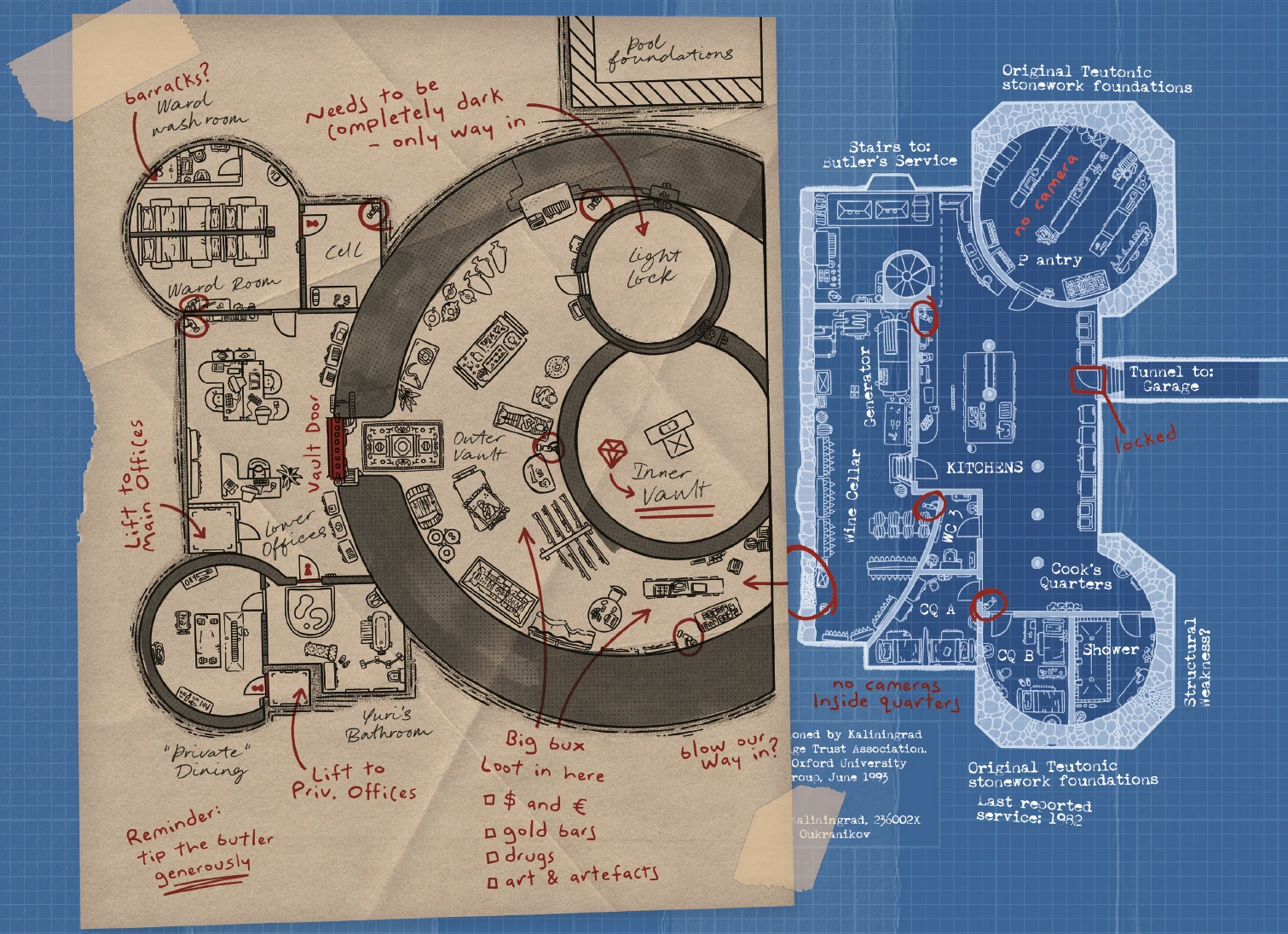A map from Shadow of the Vault in the style of a blueprint with brown paper and written scrawls. 