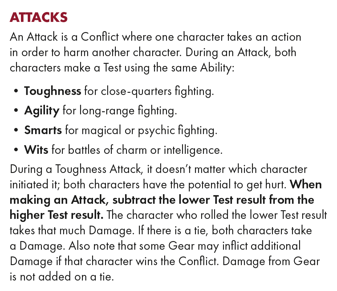 An excerpt from an adventure booklet, showing the rules for attacks. It describes how each of the four stats is used for different attacks and how damage is applied in melee versus in ranged.