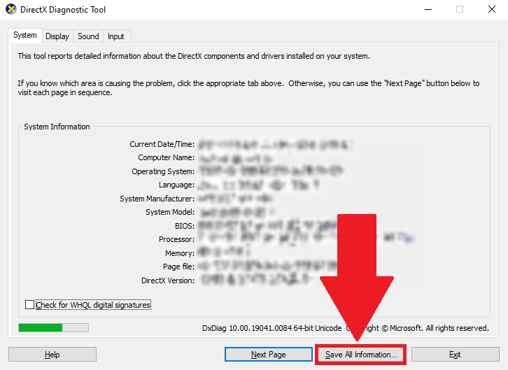 Image shows screenshot of 'DirectX Diagnostic Tool' window with red arrow pointing to the 'Save All Information...' button